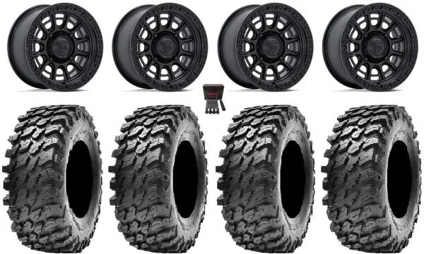 Fuel Cycle 15″ Wheels Black +38mm 30″ Rampage Tires Kawasaki Mule Pro FXT KRX / Yamaha Wolverine RMAX / YXZ 2019+