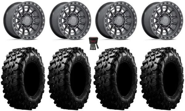 Fuel Cycle 15″ Wheels Gunmetal +10mm 31″ Carnivore Tires Kawasaki Teryx Mule