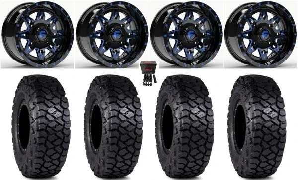 Fuel Lethal 15″ Wheels Blue 32″ Intersect Tires Kawasaki Mule Pro FXT KRX / Yamaha Wolverine RMAX / YXZ 2019+