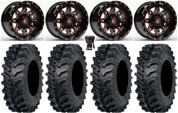 Fuel Lethal 15″ Wheels Orange 34″ MT911 Tires Kawasaki Mule Pro FXT KRX / Yamaha Wolverine RMAX / YXZ 2019+