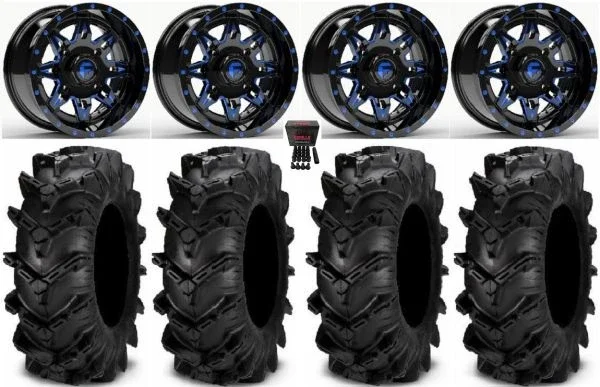 Fuel Lethal Blue 14″ Wheels 27″ Cryptid Tires Kawasaki Mule Pro FXT KRX / Yamaha Wolverine RMAX / YXZ 2019+