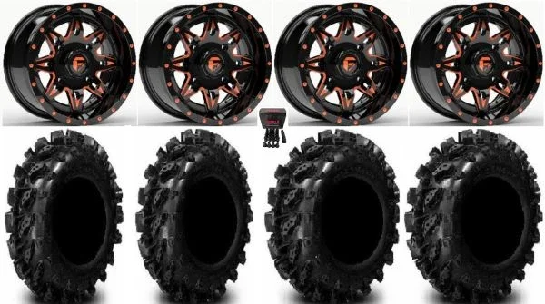 Fuel Lethal Orange 14″ Wheels 29.5″ Swamp Lite Tires Kawasaki Mule Pro FXT KRX / Yamaha Wolverine RMAX / YXZ 2019+