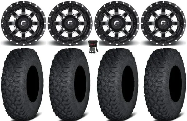 Fuel Maverick Black 15″ Wheels 35″ Coyote Tires Kawasaki Mule Pro FXT KRX / Yamaha Wolverine RMAX / YXZ 2019+
