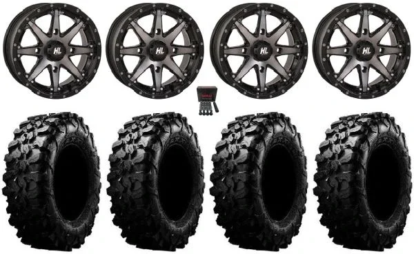 High Lifter HL10 14″ Wheels Smoke 28″ Carnivore Tires Kawasaki Mule Pro FXT KRX / Yamaha Wolverine RMAX / YXZ 2019+