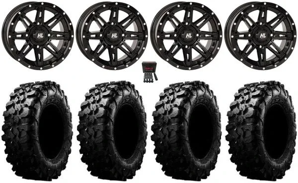 High Lifter HL22 14″ Wheels Black 32″ Carnivore Tires Kawasaki Mule Pro FXT KRX / Yamaha Wolverine RMAX / YXZ 2019+