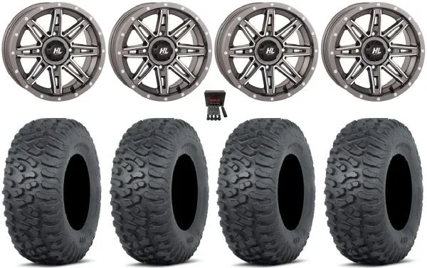 High Lifter HL22 14″ Wheels Gunmetal 27″ Terra Hook Tires Kawasaki Mule Pro FXT KRX / Yamaha Wolverine RMAX / YXZ 2019+