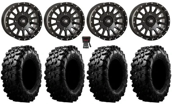 High Lifter HL25 15″ Wheels Bk 35″ Carnivore Tires Kawasaki Mule Pro FXT KRX / Yamaha Wolverine RMAX / YXZ 2019+