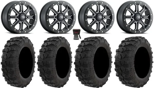 ITP Inertia Bdlk 14″ Wheels Bk +40mm 26″ Dual Threat Tires Kawasaki Teryx Mule