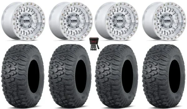 KMC Aztec Beadlock 15″ Wheels Machined +0mm 32″ Terra Hook Tires Can-Am Commander Maverick Renegade Outlander Defender