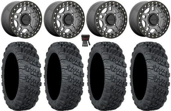 KMC Recon Beadlock 15″ Wheels Gunmetal 30″ Versa Cross V3 Tires Can-Am Commander Maverick Renegade Outlander Defender