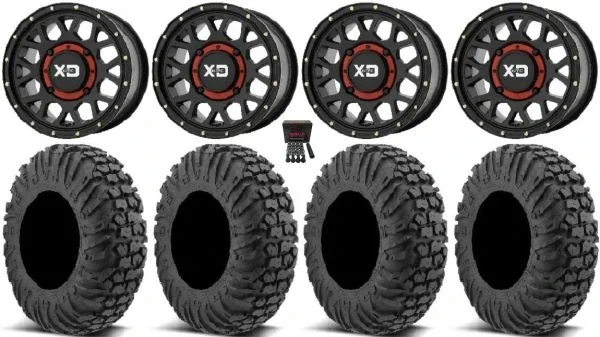 KS135 Grenade Black 15″ Wheels 34″ MotoVator Tires Kawasaki Mule Pro FXT KRX / Yamaha Wolverine RMAX / YXZ 2019+