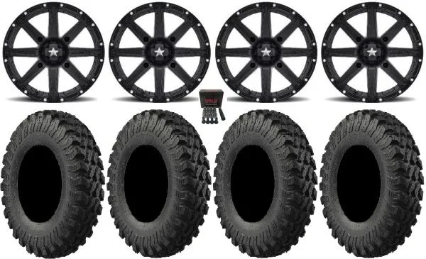 MSA Black Clutch 15″ UTV Wheels 28″ MotoRally Tires Kawasaki Teryx Mule