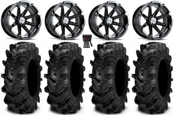 MSA Black Diesel 14″ ATV Wheels 30″ Cryptid Tires Can-Am Commander Maverick Renegade Outlander Defender