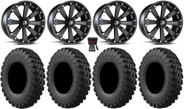 MSA Black Kore 14″ UTV Wheels 28″ MotoRally Tires Honda Pioneer