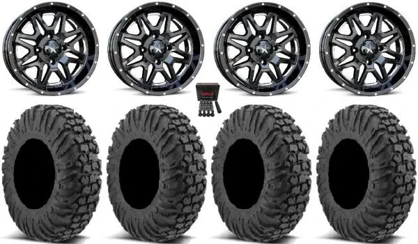 MSA Black Vibe 14″ UTV Wheels 27″ MotoVator Tires Honda Pioneer
