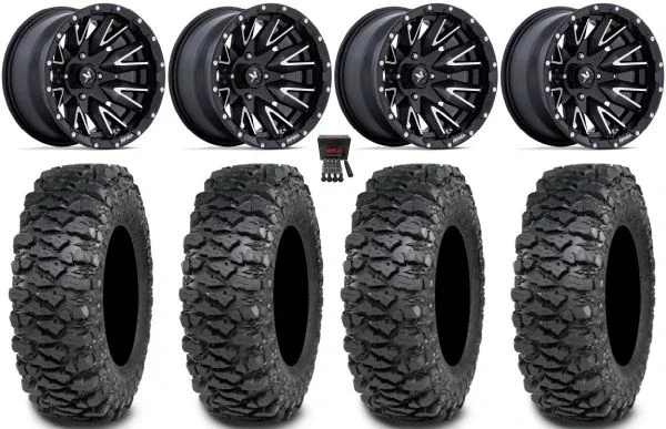 MSA Creed 14″ Wheels Machined 28″ Savage XT Tires Kawasaki Mule Pro FXT KRX / Yamaha Wolverine RMAX / YXZ 2019+