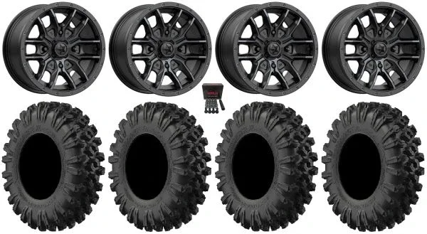 MSA Fang 14″ Wheels Black 30″ MotoRavage XL Tires Honda Rincon Yamaha Rhino Kawasaki Brute Force Suzuki KingQuad