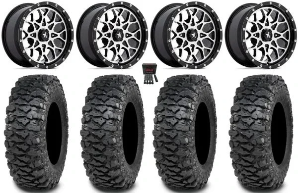 MSA Portal 14″ Wheels Machined 28″ Savage XT Tires Kawasaki Mule Pro FXT KRX / Yamaha Wolverine RMAX / YXZ 2019+