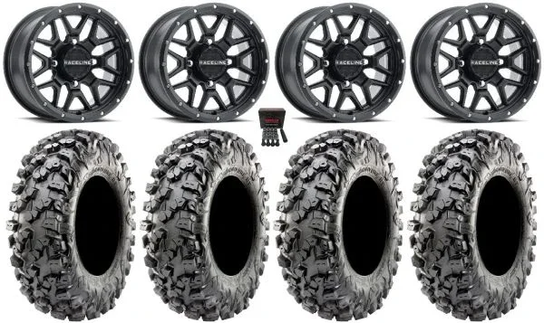 Raceline Krank 14″ Black Wheels 30″ Carnivore R/T Tires Kawasaki Mule Pro FXT KRX / Yamaha Wolverine RMAX / YXZ 2019+