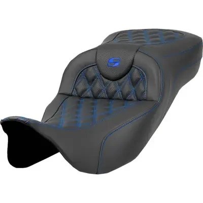 Saddlemen 2008-2009 Harley-Davidson Electra Glide Standard EFI FLHTI Extended Reach Roadsofa Seat – Lattice Stitch – Blue Stitch – without Backrest – FL ‘08-‘24