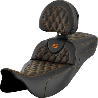 Saddlemen 2008-2009 Harley-Davidson Road Glide EFI FLTR Roadsofa Extended Reach Seat – Lattice Stitch – Orange Stitch – with Backrest – FL ‘08-‘24