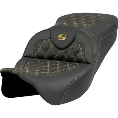 Saddlemen 2008-2013 Harley-Davidson Electra Glide Classic EFI FLHTCI Roadsofa Seat – Lattice Stitch – Gold Stitch – w/o Backrest – FL ‘08-‘23