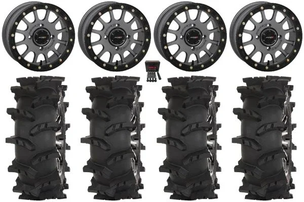 System 3 SB-5 14″ Wheels Grey 28″ Outlaw Max Tires Can-Am Commander Maverick Renegade Outlander Defender
