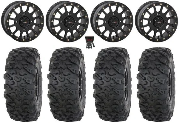 System 3 SB-5 15″ Wheels Black 32″ Roctane T4 Tires Kawasaki Mule Pro FXT KRX / Yamaha Wolverine RMAX / YXZ 2019+