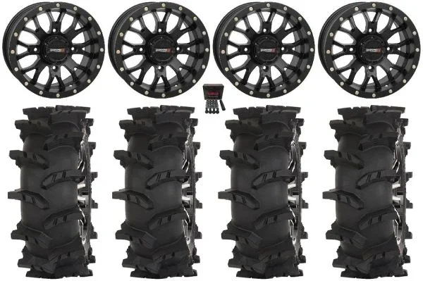 System 3 ST-3 14″ Wheels Black 28″ Outlaw Max Tires Honda Rincon Yamaha Rhino Kawasaki Brute Force Suzuki KingQuad