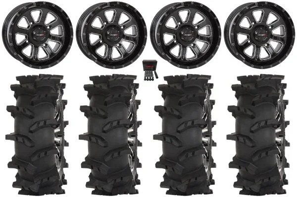 System 3 ST-4 14″ Wheels Black 28″ Outlaw Max Tires Honda Pioneer