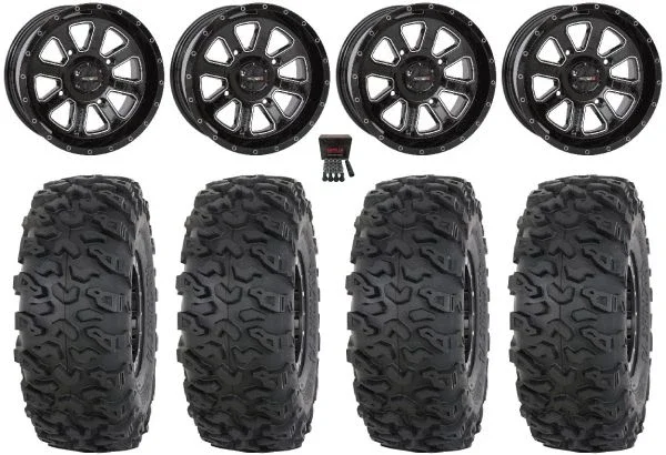 System 3 ST-4 14″ Wheels Black 30″ Roctane T4 Tires Honda Rincon Yamaha Rhino Kawasaki Brute Force Suzuki KingQuad