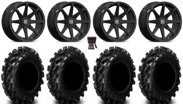 Valor V01 14″ Wheels Black 29.5″ Swamp Lite Tires Yamaha Viking Wolverine YXZ1000R CFMoto ZForce 950 UForce 1000