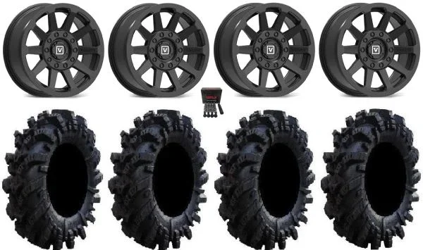 Valor V02 14″ Wheels Black 28″ Intimidator Tires Kawasaki Mule Pro FXT KRX / Yamaha Wolverine RMAX / YXZ 2019+