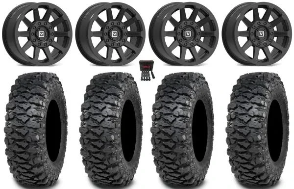 Valor V02 14″ Wheels Black 28″ Savage XT Tires Kawasaki Teryx Mule