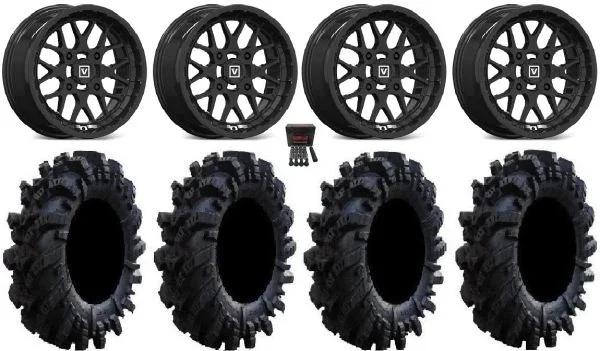 Valor V03 15″ Wheels Black 34″ Intimidator Tires Can-Am Commander Maverick Renegade Outlander Defender
