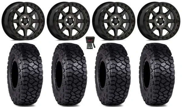 Valor V13 Beadlock 15″ Wheels Dark Tint 32″ Intersect Tires Kawasaki Teryx Mule