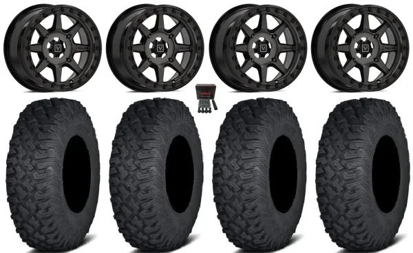 Valor V13 Beadlock 15″ Wheels Dark Tint 35″ Coyote Tires Can-Am Commander Maverick Renegade Outlander Defender