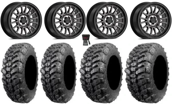 Valor V14 14″ Wheels Dark Tint 28″ Sniper 920 Tires Sportsman 550 850 1000